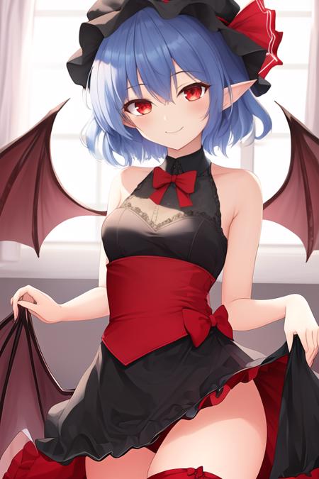 masterpiece, best quality, highres, solo, {remilia_scarlet_touhou:1.10}, red_eyes, short_hair, bat_wings, wings, ribbon, hat, blue_hair, mob_cap, hat_ribbon, hair_between_eyes, smile, red_ribbon, bangs, bow