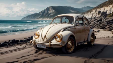 RAW Photo of orokintech a vintage Volkswagen Beetle parked on a beach, smooth, gold, scifi <lora:OrokinTech-20:1><lora:add_detail:0.6> <lora:LowRa:0.2>, (Masterpiece:1.3) (best quality:1.2) (high quality:1.1), awe inspiring,professional photo,cinematic color grading,300 DPI,bokeh,RAW photo,best quality,hires,natural lighting,dynamic composition