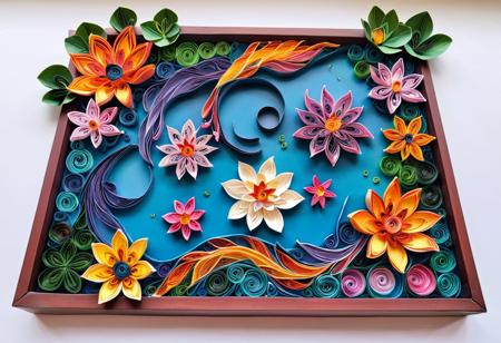 score_9, score_8_up, score_7_up, beautiful pond, small koi fish pond, viewwed from above looking down, Flowers In the style of quilling, rainbow water lilies, Artflwr, Quilling, Encaustic, Origami, Paper cutting
