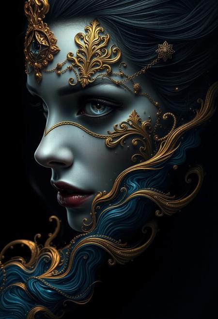 A cinematic shot of a highly detailed digital illustration in a macabre style. The focus is on a fantastical beautiful woman, face with a dark, intricate fantasy theme. Her silver-gray eye contrasts with the ornate gold details adorning her face. The background is a deep, velvety black, amplifying the mystery. Her body dissolves into mesmerizing waves of gold and swirling blue onyx, blending seamlessly into the void. The image has a cinematic aesthetic, evoking an eerie yet captivating sense of otherworldly beauty.