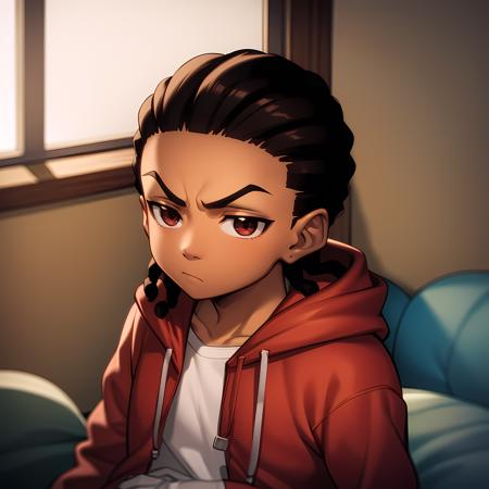 ((masterpiece, best quality)),(complex lighting),solo,1boy,upper body, dark skin, black hair, brown eyes, dreadlocks,   riley freeman,  <lora:RileyFreeman1:0.6>, red hoodie,