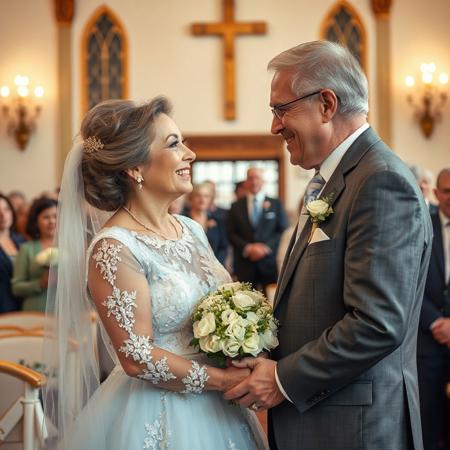 50th golden wedding anniversary remarriage, chapel, 75yo cute man in suit, 70yo beautiful woman in light blue wedding dress, make up, looking at each other, holding hands at the altar, smiling, crowd of younger family members watching happily, close up on husband and wife