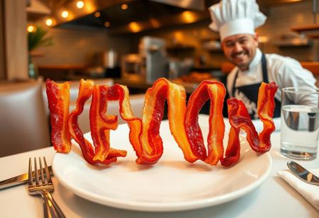 The name ‘KEVIN’ spelled out using crispy, golden-brown bacon strips, carefully arranged on a white ceramic plate. The plate sits on a restaurant table with a clean, stylish table setting—silverware, a napkin, and a glass of water nearby. In the background, a professional kitchen is visible, where Kevin the famous actor named as the meal, dressed as a chef in a classic white uniform and hat, is preparing more bacon with a confident smirk. The lighting is warm and inviting, capturing the delicious texture of the bacon and the lively restaurant atmosphere