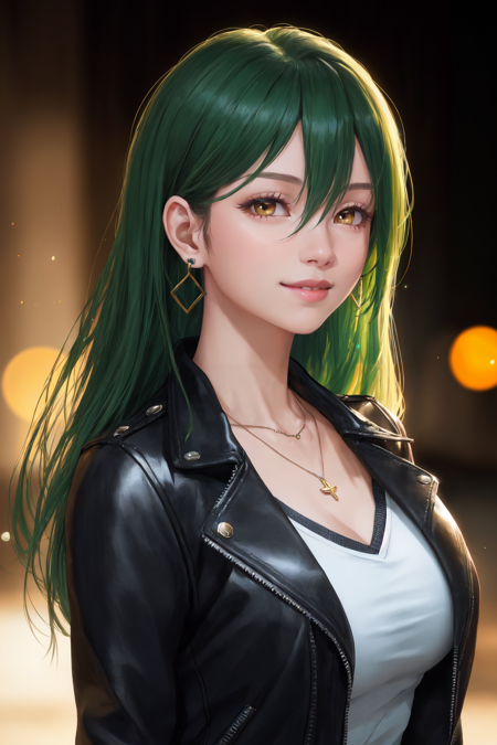 solo, long hair, looking at viewer, smile, shirt, 1girl, kawaii, large breasts, leather jacket, hair between eyes, brown eyes, jewelry, yellow eyes, earrings, parted lips, green hair, necklace, lips, piercing, ring, portrait,  LimitBreakStyler