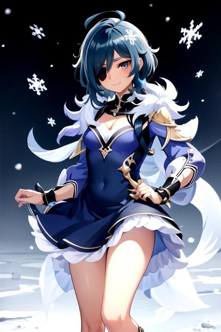 <lora:KaeyaAlberich-01:0.7>, mykaeya, looking at viewer, eyepatch, dress, blue dress, happy, snow, snowflake