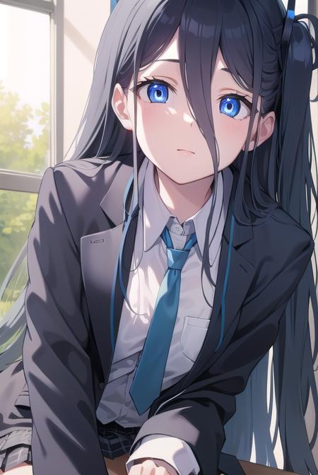 bluearchivearis, <lyco:bluearchivearis-lyco-nochekaiser:1>, 
aris, black hair, blue eyes, hair between eyes, halo, long hair, one side up, hair ribbon, (flat chest:1.2),
BREAK necktie, blue necktie, jacket, skirt, school uniform, white shirt, collared shirt, black skirt, white jacket, long sleeves,
BREAK looking at viewer, 
BREAK indoors, classroom,
BREAK <lyco:GoodHands-beta2:1>, (masterpiece:1.2), best quality, high resolution, unity 8k wallpaper, (illustration:0.8), (beautiful detailed eyes:1.6), extremely detailed face, perfect lighting, extremely detailed CG, (perfect hands, perfect anatomy),