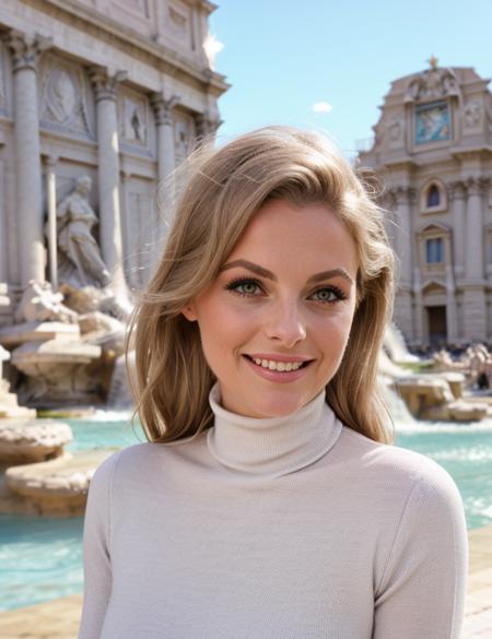 photo of (v1rn4) girl, RAW, nature, Spectacular light, Turtleneck dress, Colorful flowering, 8k, soft lighting, high quality, film grain, Olympus OM1 sharp focus, f 3.4, (eyeliner), (seductive pose), upper body, smile, breast, Rome, Trevi Fountain, 60s style