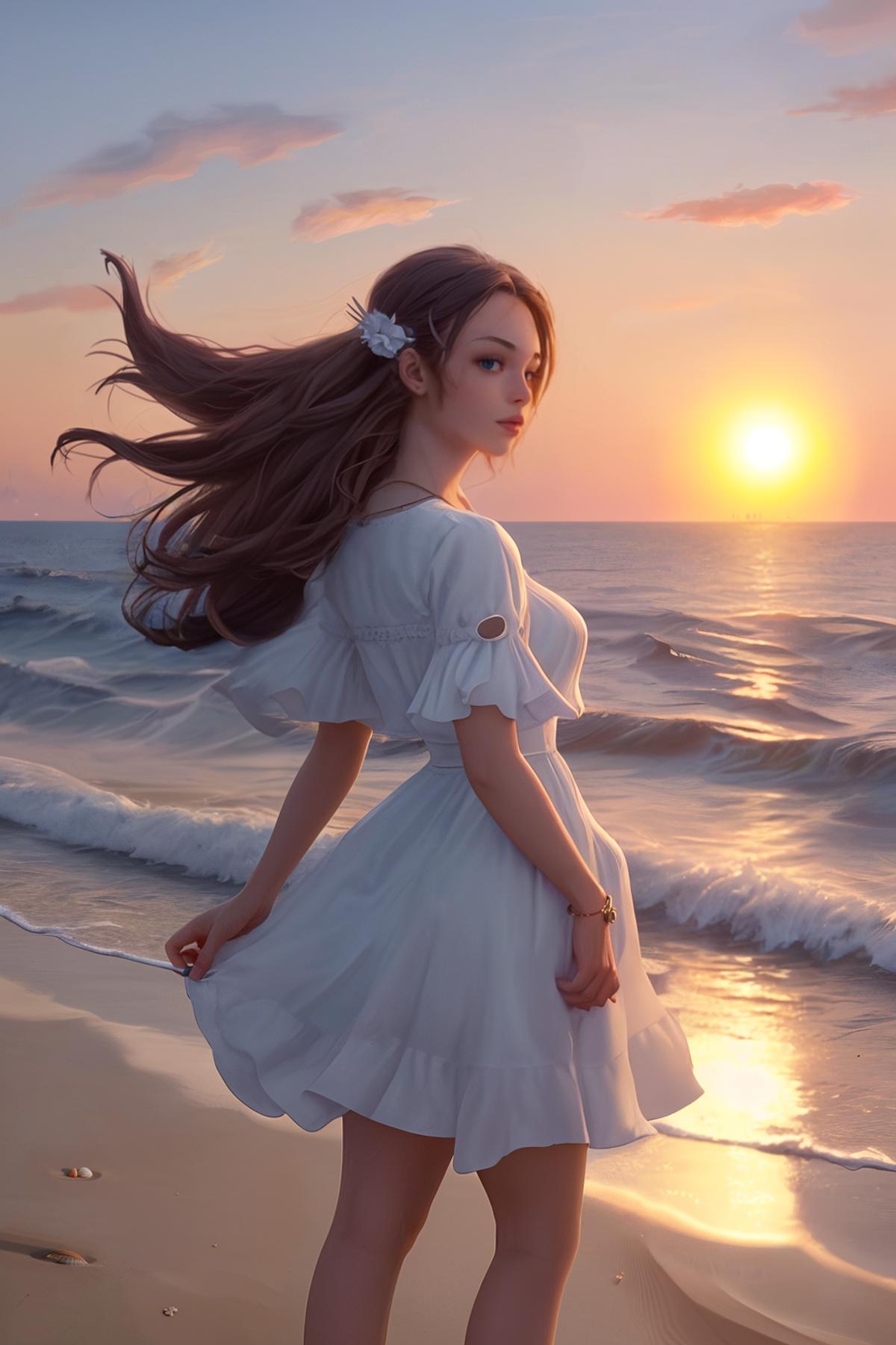 Artwork of a woman in a white dress standing on a beach with the ocean in the background.