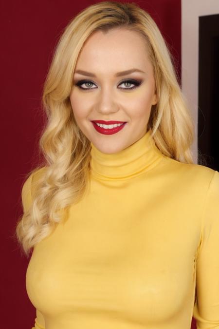 Portrait photo of ann3tt3schw4rz, yellow turtleneck blouse, in a tv show, makeup, lipstick, smiling