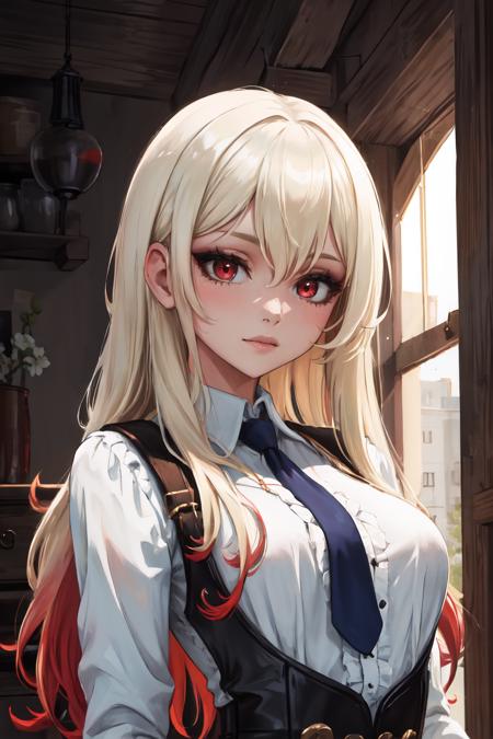 Highly detailed, High Quality, Masterpiece, beautiful, solo, 1girl, white hair, red eyes, long hair, shirt, white shirt, upper body, <lora:DipDyedHair:1>, blonde IncursioDipDyedHair