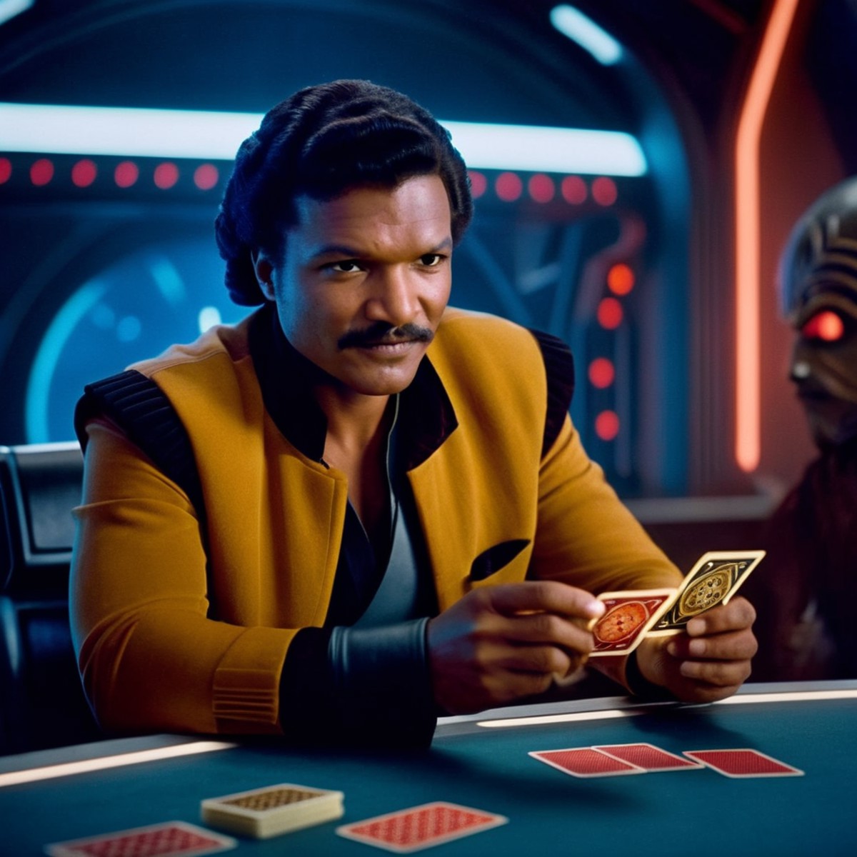 cinematic film still of  <lora:Lando Calrissian:1.2>
Lando Calrissian a man sitting at a table with a card game in star wa...