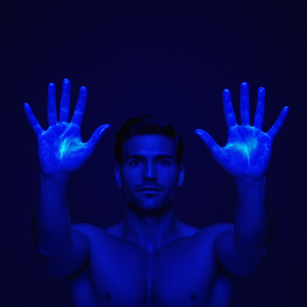 cinematic film still of  <lora:Ultraviolet lighting Style:1>
a person with their hands painted blue Ultraviolet lighting S...