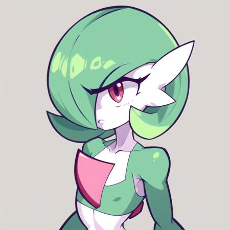 <lora:gardevoir_V2:0.9>, (green hair:1.3), green skin , hair over one eye, multicolored skin, pokemon \(creature\), red eyes, short hair, two-tone skin, white skin,
  <lora:CrispyChipsStyle:0.8>