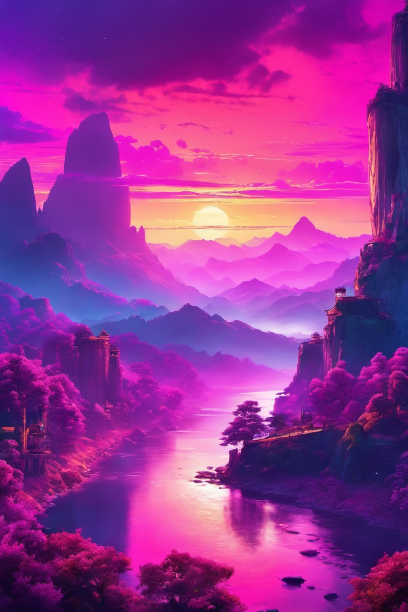 hyperrealistic art Capturing landscapes Art Inspired by Ancient Civilizations neonpunk style, landscape, river, forest, mo...