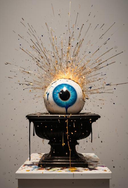 liquid eyeball , splashing onto a pedestal in an art gallry, eploding into sparks and glowing droplets,   splatter, splash, dripping, sparks, splatter
