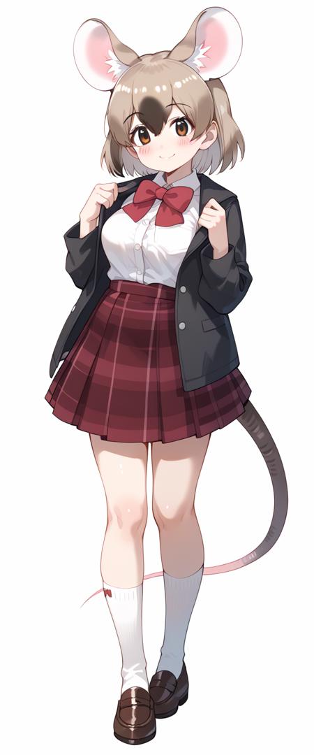 afuriokaoninezumi, gambian rat \(kemono friends\), mouse girl, mouse tail, mouse ears, extra ears, animal ears, animal ear fluff, medium hair, multicolored hair, light brown hair, brown hair, bangs, hair between eyes, brown eyes default costume, vest, brown vest, open vest, open clothes, camouflage, fur collar, fur trim, shirt, white shirt, collarbone, cleavage, short sleeves, pants, brown pants, belt, gloves, fingerless gloves, white gloves, knee pads, shoes, cross-laced footwear alternate costume, black jacket, open jacket, long sleeves, shirt, white shirt, bow, bowtie, red bow, red bowtie, ribbon, skirt, red skirt, plaid, plaid skirt, socks, white legwear, shoes, loafers