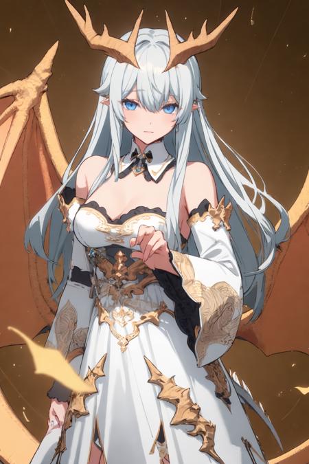 1gril, blue eyes, white dress, detached sleeves, dragon girl, white long hair, bare shoulders, dragon horns, dragon wings, bangs, detached collar