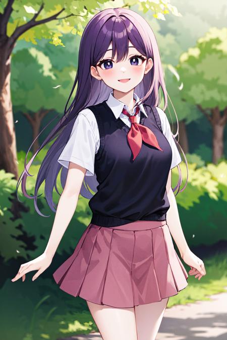 masterpiece, best quality, highres, 1girl, solo, long hair, purple hair, bangs, black eyes, bright pupils, white pupils, white skin, school uniform, red neckerchief, white shirt, sweater vest, black sweater, short sleeves, pleated skirt, pink skirt, <lora:mari_(omori)_v1:0.7>, standing, cowboy shot, outdoors, smile