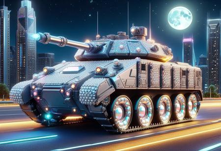 vibrant colors, shiny_skin, prefect lighting, detailed image, snoozing, masterpiece, best quality, highly detailed, ultra quality, 3DMM, 
<lora:Pearlum_World_Morph:1>, ((Pearlum)),
(Armored vehicle, tank made out of Pearlum), 
On the road, outdoors, neon lights, glowing, city, skyscraper, building, sciencefiction, electricity, night, moon, moonlight,