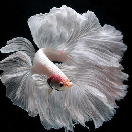 RAW photo, a Betta fish ,pure white  colored fish, elegant swimming  view pose, black background  <lora:Mr_Betta_LORA:1>, 8k uhd, dslr, soft lighting, high quality, film grain, Fujifilm XT3