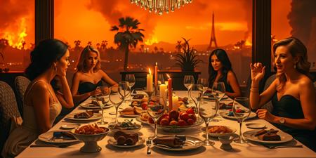 A lavish dining table cluttered with gourmet dishes, as glamorous housewives in elegant attire argue animatedly, fiery orange skies and smoke-filled backgrounds highlight wildfires raging through Los Angeles at dusk, dramatic chiaroscuro lighting enhances tension.