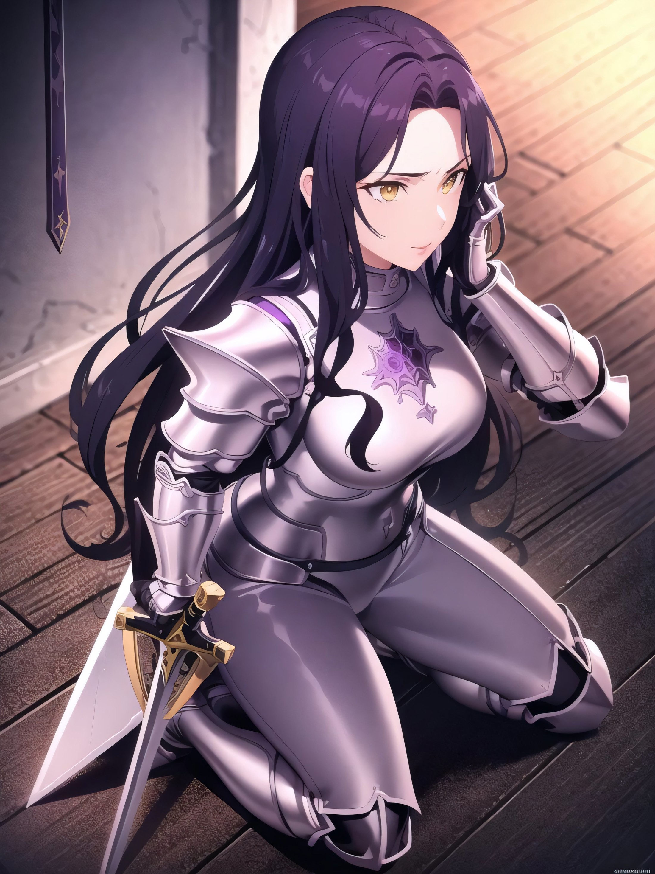 <lora:Name:0.5>
a woman in armor , dark purple hair, light yellow eyes, sword in hand, knight, kross, erotic, kneeling, ch...