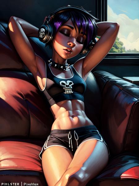 8k.4k,((Best quality, masterpiece, ultra high resolution)),((full body)),standing,   <lora:Valbun:1>,human,navel,short hair, black hair, black eyes, piercing, shorts, black shorts,black footwear, crop top, midriff, spiked collar,tank top,purple streaked hair,skull,small breast,sitting on a sofa, headphones , eyes closed, phone,arms up, hands behind head,((leaning back)),by pixelsketcher