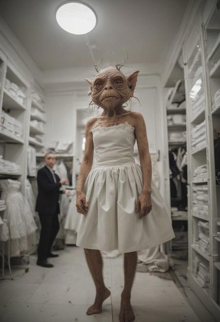 Perfect candid photograph of a goblin being fitted for the most elegant and expensive dresses at "Bergdorf Goodman", 
<<BREAK>> ,
((very strong fisheye-lens photograph (very intense fisheye-view photograph), (very low upward looking angle), intricately detailed, very detailed background, (contrats in lifestyle photograph), creepy lighting, creepy cinematic photo), realisticvision-negative-embedding,  epiCRealism ))
