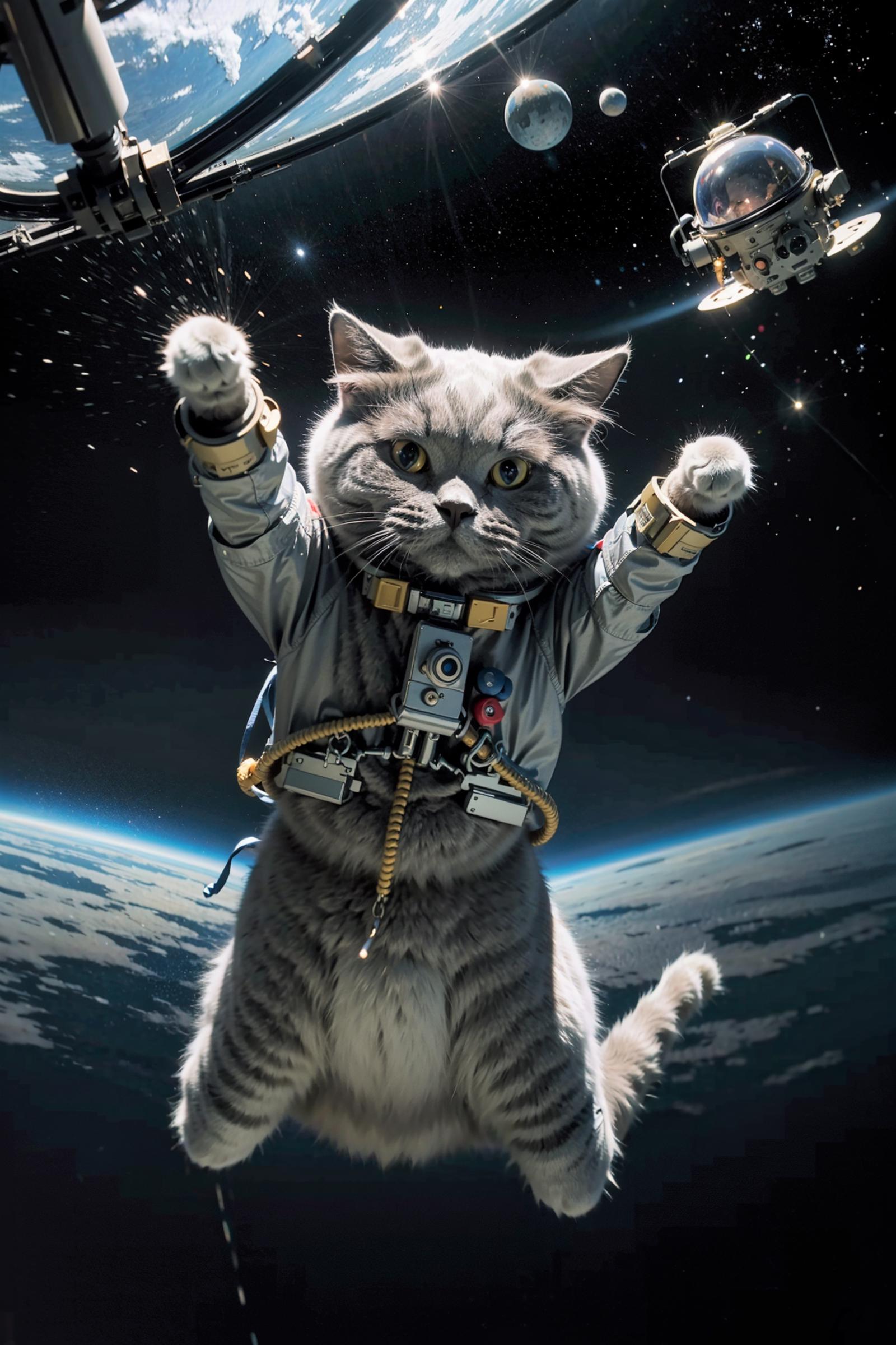 A cat dressed as an astronaut in a spacesuit.