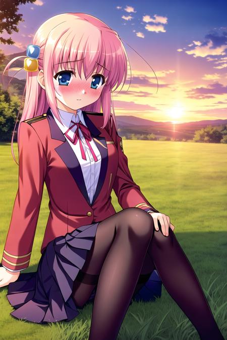 highres, high quality, 1girl, gotoh hitori, nose blush, shuuchikan academy school uniform, pleated skirt, sitting, on grass, pantyhose, outdoors, evening, blush, sky