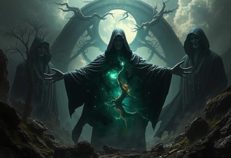 A universe inside a dark cloaked figure within mysterious landscape in an unfathomable realm of fantastic creation inhabited by ancient shadows of a forgotten time beyond the gate of the gateless gate where life is limitless, light is shadow and shadow is light, eerie sense, horror, spark of the beginning, existence and nonexistence at once, ethereal, outstretched arms, behold the end of the beginning, inglorious glory to the dark one, betrayal of the ancient order, beware the 7headed beast, destroyer of the old ways, bearer of the unbearable, nightmarish, archaic runes, tree aging backwards, breath of the gods, ruins of a place unimagined, extreme intricate detail, photorealistic, beyond epic scene, fate discarded, unseeable face of god, the end is the beginning, the beginning is the end, man arises as god dies, as above so below, as below so above, emerald tablet, thoth, guardian and saboteur of existence, hopeless hope, ghosts of the unborn, conception of the inconceivable, cosmic well of imperceptible perception, evil aura, infinite emptiness, pillars of void, overwhelming subtlety, abstract sacred geometry, beams of readiness without intention, gift of doom, despair of the ages, hidden secret warnings from dead gods, carved by the conductor of unholy loneliness of time incarnate, consumed by the night itself, beautiful tragedy of hellish discovery, unraveling mist of unreal reality, ungodly seductive repulsion, proclaim the nameless name of collapsed eternity