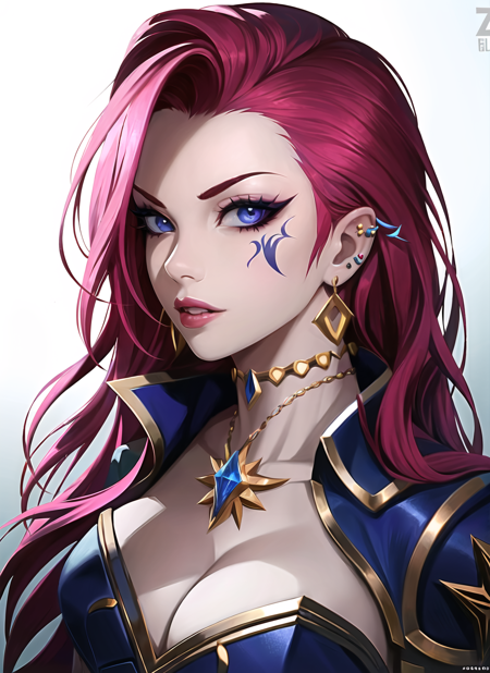 zeronis, 1girl, blue eyes, bracelet, earrings, jewelry, league of legends, lips, piercing, pink hair, portrait, solo, tattoo, vi \(league of legends\), ((masterpiece))  <lora:zeronis_offset:1>