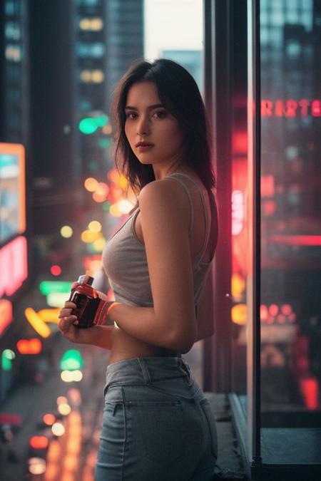 In a low-key style with the grainy texture of expired film, the photo offers a close-up view from above of a photo-realistic close-up medium shot of a beautiful girl's figure standing tall in front of large windows in a tall building, depicted in full body, gently cradling a perfumed bottle. The attention to detail captures every nuance of the subject's features and attire, creating a lifelike representation that almost breathes with realism. Against the backdrop of vibrant, full-color, saturated neon city lights, the scene comes alive with a plethora of hues and tones, infusing warmth and urban energy. The subject's expression exudes a sense of calm amidst the bustling cityscape. Bathed in the dim neon-colored light of the blacked-out large window showcasing the city's glowing neon signs, the scene is a captivating mix of dramatic shadows, heightened by a subtle rim light tracing along her silhouette, and accentuated by a soft hair light adding dimension and allure to her hair strands.