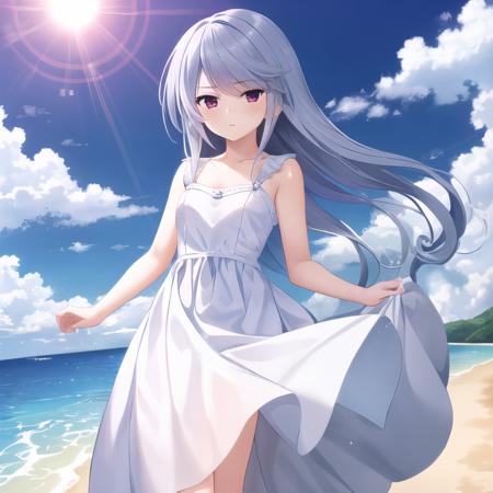 masterpiece, best quality, ultra-detailed, kazami kazuki, silver hair, long hair, purple eyes,  1 girl, solo, white dress, sundress, beach