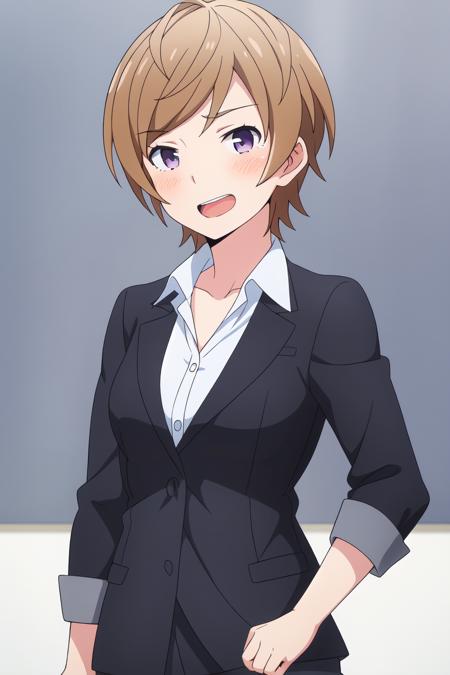 <lora:Eromanga_ayame:0.7> manager-tyan
1girl, blush, brown_hair, collarbone, collared_shirt, eyebrows_visible_through_hair, formal, koizumi_hanayo, looking_at_viewer, open_mouth, shirt, short_hair, solo, suit, white_shirt