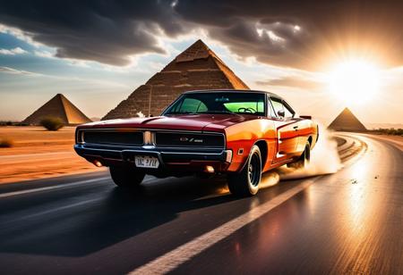 cinematic photo of dodge Charger 1968, magnificent three pyramids of Giza appear clearly, charm, highly detailed car, Professional lighting, full of life, Lively and energetic, 8K, rays of sun flow beyond heavy clouds, HDR, Fast & Furious movie, motion blur, moving tires, Cinematic Shot, Cinematic Lighting, amazing world, pure perfection, Need For Speed, wide angle exterior background, drifting, nebula horizon, wet asphalt road, autumn leaves.