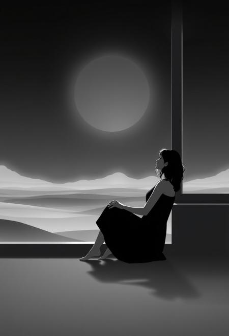 A woman sitting by a window
minimalist surrealism, black-and-white landscapes, vast empty spaces, long exposure photography, high contrast, atmospheric stillness, soft gradients, stylized animation, vibrant cartoon characters, bold outlines, whimsical expressions, dynamic movement, dreamlike scenery, modern fantasy, playful yet mysterious mood
balance of realism and stylization, allegorical storytelling, quiet yet powerful visual expression