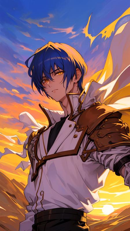 masterpiece, 1boy, (portrait), legato, desert landscape, sunset, detailed background, one eye, swept bang, blue hair, yellow eye, <lora:legatov1:0.8>