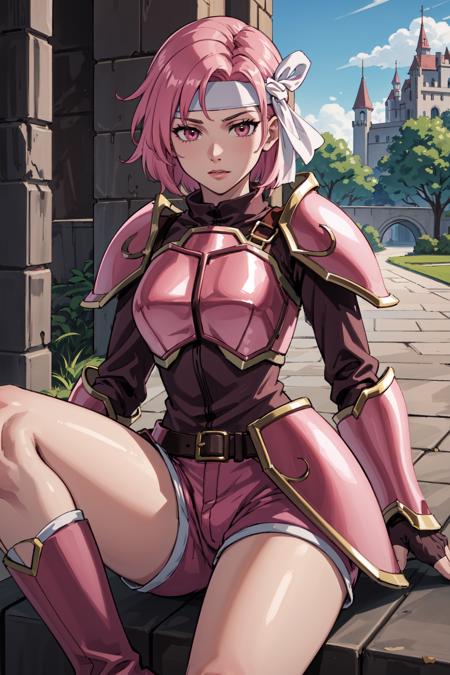 body bridge,character focus,cross-eyed,<lora:cecilV3:0.9>,cecil,armor, dark pink hair,white headband,armored boots, shoulder armor,fingerless gloves, pauldrons, gauntlets, breastplate,knee boots, greaves, pink shorts,thighs,faulds,castle gate, outdoors,(masterpiece, best quality, ultra-detailed, best shadow)