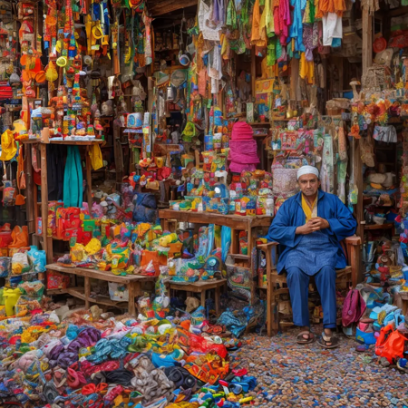 A toy merchant in a bazar, full of vibrant colors, a muslim in traditional clothes sitting on his chair