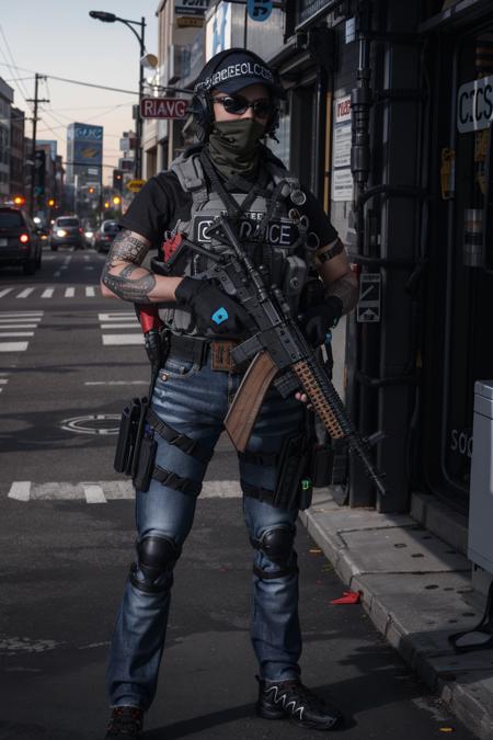 ruanyi0298,mouth mask,sunglasses,hat,holding weapon,m4 carbine,ar-15,arm tattoo,headset,police uniform,