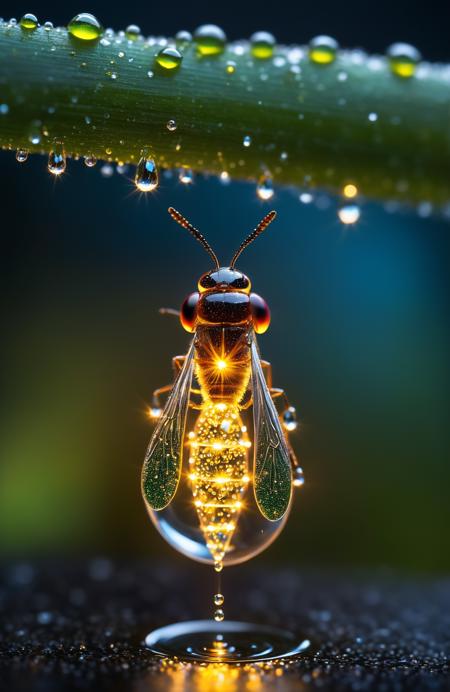 a radiant firefly, consisting entirely of water droplets, lit from within with the energy of electric sparks. Its sleek and elegant structure detailed intricately, outlining the beauty of its construction that is singular yet serene. Every water droplet adding a sparkle like stars in the night.