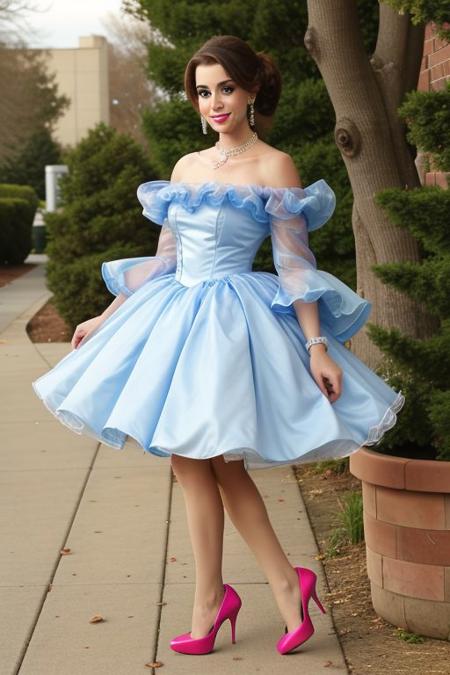 smile, teeth, eyes, nose, lips, chin, brows, face, hands, legs, feet, heels, earrings, heavy makeup, long eyelashes, pink, organza off the shoulder ruffled, dress, long sleeves, necklace, updo curls, stockings, high heels, jewelry, petticoats, fanned skirt, sidewalk, bricks, trees, bushes, collarbone, long neck, blue sky, 00sissy02,