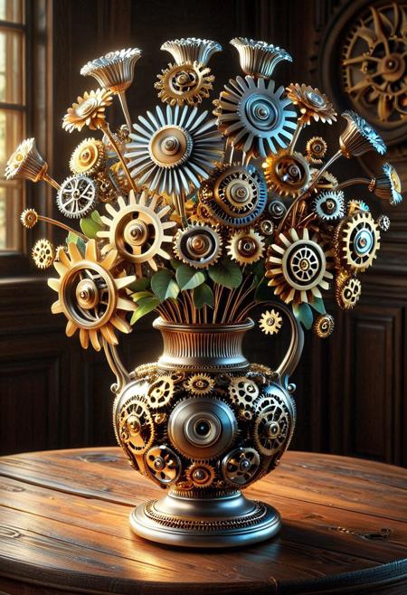 g3ars, made out of gears, mechanical flower bouquet in a victorian vase, on a vintage wooden table, intricate gears and cogs replacing petals and stems, high detail, ornamental design, elegant composition, soft warm lighting, steampunk style, fusion of nature and machine, metallic textures, visual harmony, iridescent reflections, ornate, antique design, golden hour lighting