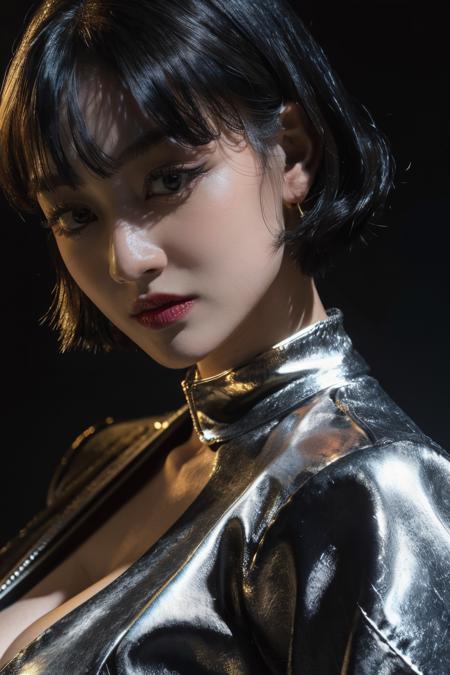 <lora:zyozyo:1>, a picture of zyozyo woman, cropped jacket, abs, midriff, frown, short hair, black hair, masterpiece, (detailed lighting, extremely detailed skin, extremely detailed hair, shadows, 8k), looking at viewer, (High Key Lighting), masterpiece, top quality, best quality, official art, unity 8k wallpaper, highres, ultra-high res, ultra-detailed, beautiful and aesthetic