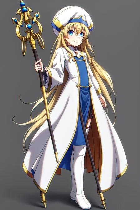 portrait, (solo),  <lora:preiestess_goblin_slayer-000012:.8>, priestess \(goblin slayer!\), 1girl, blonde hair, blue eyes, long hair, white hat, white robe, white boots, smirk, masterpiece, best quality, holding staff on left hand, gold staff, (chromatic aberration),