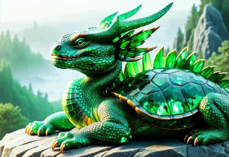 Cinematic, frontal light, Hyper-realistic, detailed, A fantastical creature that is a hybrid of a turtle and a dragon. The body resembles a large, ancient tortoise with a rugged, textured shell that glistens like polished emeralds under the sunlight. Its shell is adorned with intricate golden patterns that resemble ancient runes. The head is that of a dragon, featuring sharp, elongated horns that curl back elegantly, and fierce, glowing amber eyes that exude wisdom and power. Scales cover parts of its neck and limbs, shimmering in shades of deep green and bronze. Large, leathery wings extend from its back, resembling those of a dragon but with a unique, scaly texture similar to that of a turtle's shell. The creature stands majestically on a rocky cliff overlooking a mystical forest, surrounded by swirling mist and ethereal lights. Its presence radiates strength and tranquility, embodying the essence of both land and sky.