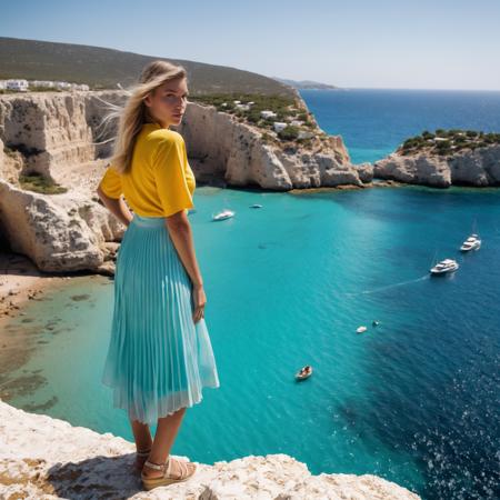 cinematic film still an (curvy:0.1) (busty:0.1) ohwx woman long blonde hair posing in a
Yellow short sleeve dress	None (dress is midi length)	Wedge sandals	Watch	Pleated A-line skirt
Cala d'Hort, Ibiza, Spain	Rocky coastline	Inlet cove surrounded by cliffs	Crystal clear water and white limestone cliffs	Model in foreground gazing out to sea, cliffs framing sides	Turquoise water and beaches lined with yachts	Harsh midday sun illuminating model and glistening water
in style of Steve McCurry	Canon EOS 5D Mark IV	24-70mm	f/2.8	1/125s	400	Natural light, reflectors <lora:Jessica Valero_SDXL_v1.0b:1> . shallow depth of field, vignette, highly detailed, high budget, bokeh, cinemascope, moody, epic, gorgeous, film grain, grainy