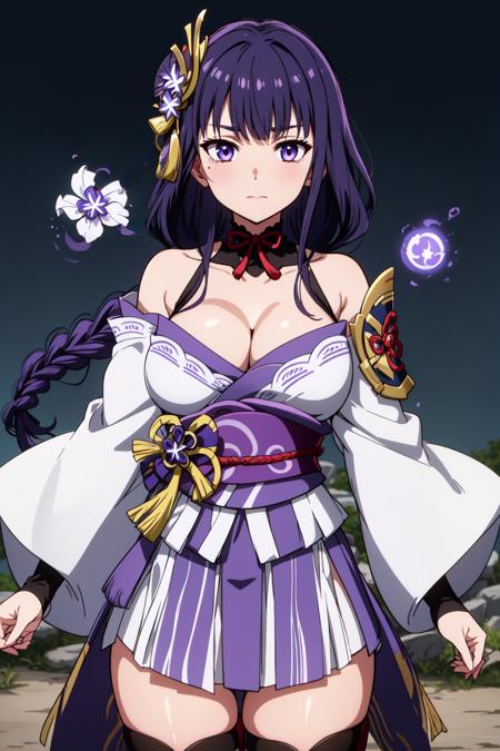 (Masterpiece), high quality, best quality, raiden shogun, genshin impact, purple hair, purple eyes, mole under eye, long hair, braided ponytail, hair flower, hair ornament, purple flower, single braid, sidelocks, <lora:Raiden-Shogun-V1-000004:0.7>, 1girl, solo, large breasts, looking at viewer, bangs, thighhighs, long sleeves, ribbon, cleavage, closed mouth, standing, cowboy shot, japanese clothes, black thighhighs, wide sleeves, kimono, mole, sash, obi, shoulder armor, tassel, bridal gauntlets, geta, obijime, tomoe (symbol), obiage, mitsudomoe (shape)