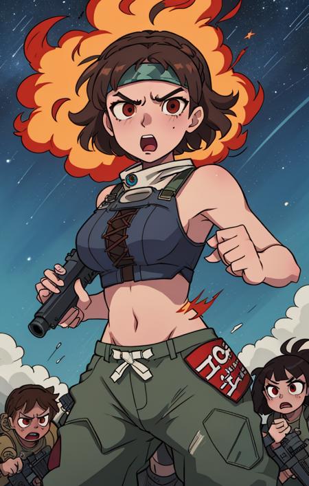 <lora:MakotoNiijimaPersona4:1> outer space, starry sky, military, headband, gritty film grain, panoramic view, wide stance, holding large machine gun, fighting aliens, large scary aliens, makoto niijima [persona], baggy pants, crop top, ammo bandolier, brown hair, red eyes, yelling angry expression, explosions